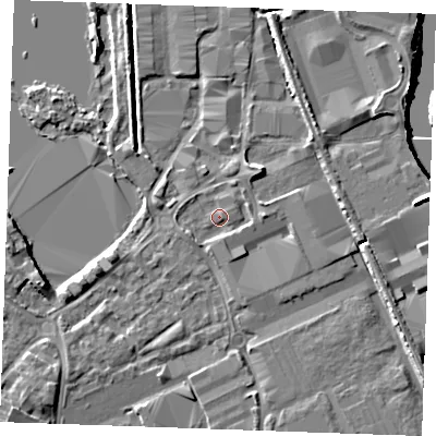 Shaded relief map of the ground around ME206XT, computed from Environment Agency LiDAR. The ground here sits at about 4 m above sea level and falls 9 m across the surrounding 800 m. Surface water reaching this point runs off ground lying to the east, 1.6 m higher.