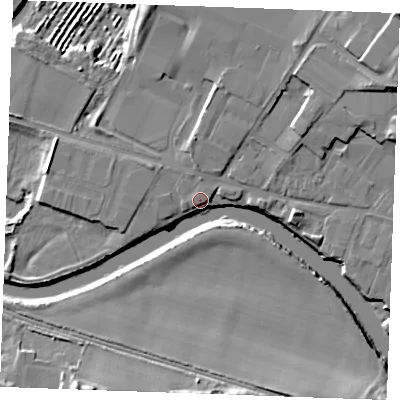 Shaded relief map of the ground around ME207AD, computed from Environment Agency LiDAR. The ground here sits at about 6 m above sea level and falls 15 m across the surrounding 800 m. Surface water reaching this point runs off ground lying to the north, 0.9 m higher.