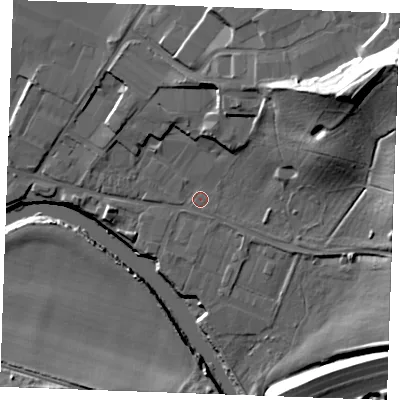 Shaded relief map of the ground around ME207AE, computed from Environment Agency LiDAR. The ground here sits at about 6 m above sea level and falls 33 m across the surrounding 800 m. Surface water reaching this point runs off ground lying to the north-east, 25.1 m higher.