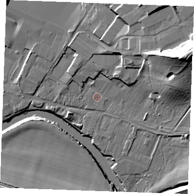 Shaded relief map of the ground around ME207AF, computed from Environment Agency LiDAR. The ground here sits at about 6 m above sea level and falls 30 m across the surrounding 800 m. The ground contributing surface water to this point lies to the west-south-west.