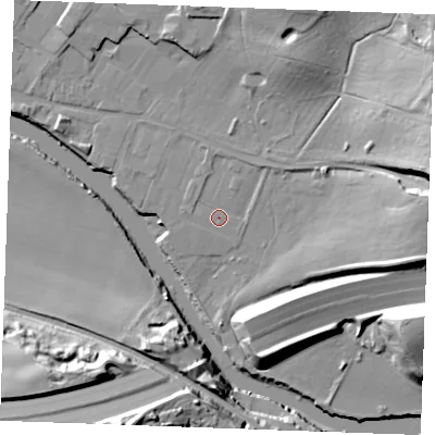 Shaded relief map of the ground around ME207AG, computed from Environment Agency LiDAR. The ground here sits at about 6 m above sea level and falls 34 m across the surrounding 800 m. Surface water reaching this point runs off ground lying to the north-east, 1.8 m higher.