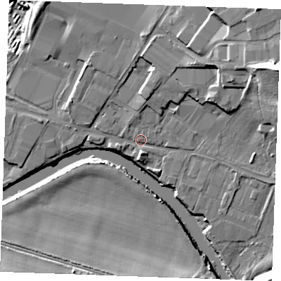 Shaded relief map of the ground around ME207AH, computed from Environment Agency LiDAR. The ground here sits at about 6 m above sea level and falls 24 m across the surrounding 800 m. Surface water reaching this point runs off ground lying to the east-north-east, 17.7 m higher.