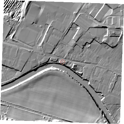 Shaded relief map of the ground around ME207AJ, computed from Environment Agency LiDAR. The ground here sits at about 6 m above sea level and falls 17 m across the surrounding 800 m. Surface water reaching this point runs off ground lying to the north-north-east, 10.6 m higher.