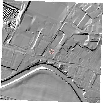 Shaded relief map of the ground around ME207AS, computed from Environment Agency LiDAR. The ground here sits at about 6 m above sea level and falls 19 m across the surrounding 800 m. Surface water reaching this point runs off ground lying to the east-north-east, 11.0 m higher.