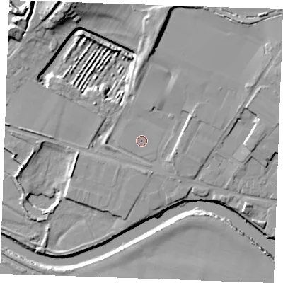 Shaded relief map of the ground around ME207AT, computed from Environment Agency LiDAR. The ground here sits at about 5 m above sea level and falls 14 m across the surrounding 800 m. Surface water reaching this point runs off ground lying to the north, 7.8 m higher.