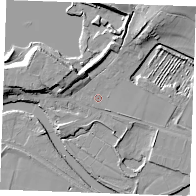 Shaded relief map of the ground around ME207AU, computed from Environment Agency LiDAR. The ground here sits at about 5 m above sea level and falls 17 m across the surrounding 800 m. Surface water reaching this point runs off ground lying to the north-north-east, 2.9 m higher.