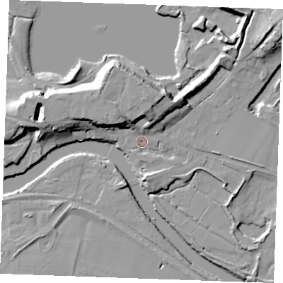 Shaded relief map of the ground around ME207AX, computed from Environment Agency LiDAR. The ground here sits at about 4 m above sea level and falls 17 m across the surrounding 800 m. Surface water reaching this point runs off ground lying to the north-east, 13.7 m higher.