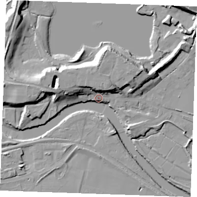 Shaded relief map of the ground around ME207AY, computed from Environment Agency LiDAR. The ground here sits at about 6 m above sea level and falls 18 m across the surrounding 800 m. Surface water reaching this point runs off ground lying to the north-east, 16.1 m higher.