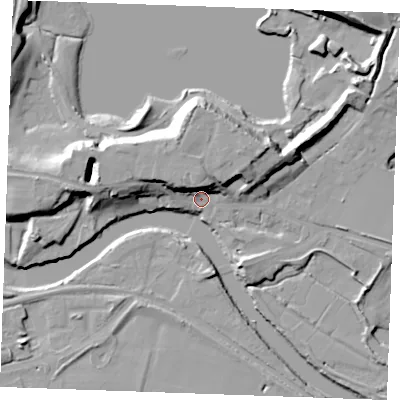 Shaded relief map of the ground around ME207BA, computed from Environment Agency LiDAR. The ground here sits at about 5 m above sea level and falls 18 m across the surrounding 800 m. Surface water reaching this point runs off ground lying to the north-north-east, 12.1 m higher.