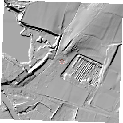 Shaded relief map of the ground around ME207BD, computed from Environment Agency LiDAR. The ground here sits at about 7 m above sea level and falls 19 m across the surrounding 800 m. Surface water reaching this point runs off ground lying to the north-north-east, 9.7 m higher.