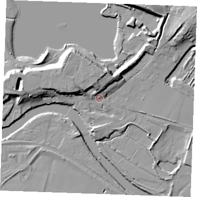 Shaded relief map of the ground around ME207BG, computed from Environment Agency LiDAR. The ground here sits at about 6 m above sea level and falls 17 m across the surrounding 800 m. Surface water reaching this point runs off ground lying to the north, 12.1 m higher.