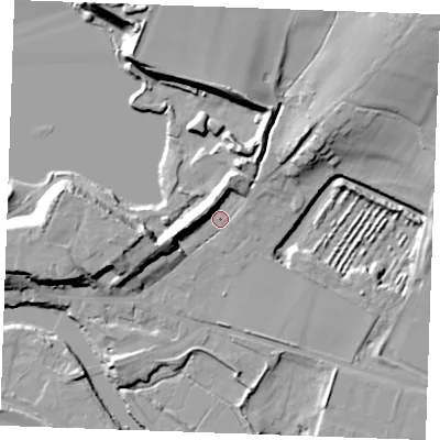 Shaded relief map of the ground around ME207BJ, computed from Environment Agency LiDAR. The ground here sits at about 6 m above sea level and falls 19 m across the surrounding 800 m. Surface water reaching this point runs off ground lying to the north-east, 14.0 m higher.