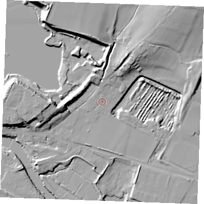 Shaded relief map of the ground around ME207BN, computed from Environment Agency LiDAR. The ground here sits at about 6 m above sea level and falls 19 m across the surrounding 800 m. Surface water reaching this point runs off ground lying to the north-north-east, 1.1 m higher.