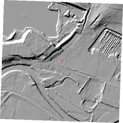Shaded relief map of the ground around ME207BP, computed from Environment Agency LiDAR. The ground here sits at about 5 m above sea level and falls 17 m across the surrounding 800 m. Surface water reaching this point runs off ground lying to the north, 13.3 m higher.