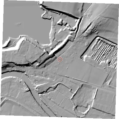 Shaded relief map of the ground around ME207BS, computed from Environment Agency LiDAR. The ground here sits at about 5 m above sea level and falls 18 m across the surrounding 800 m. Surface water reaching this point runs off ground lying to the north, 13.4 m higher.