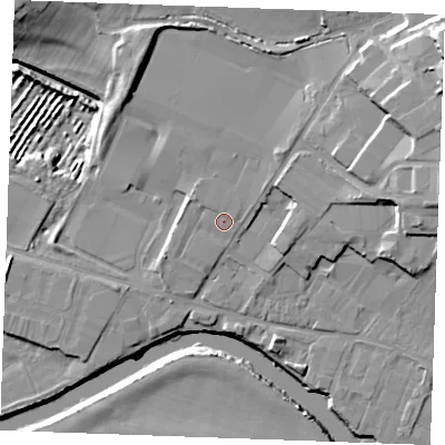 Shaded relief map of the ground around ME207BT, computed from Environment Agency LiDAR. The ground here sits at about 7 m above sea level and falls 21 m across the surrounding 800 m. Surface water reaching this point runs off ground lying to the north-east, 1.3 m higher.