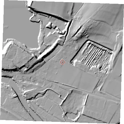 Shaded relief map of the ground around ME207BW, computed from Environment Agency LiDAR. The ground here sits at about 6 m above sea level and falls 18 m across the surrounding 800 m. Surface water reaching this point runs off ground lying to the north, 2.2 m higher.