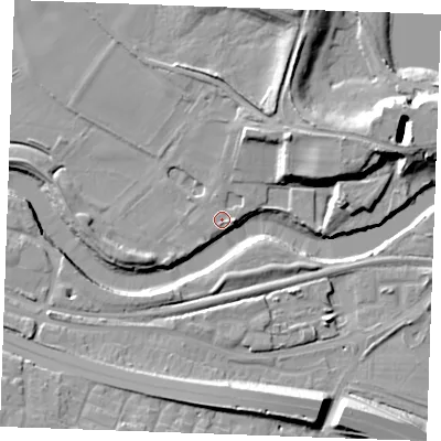 Shaded relief map of the ground around ME207BX, computed from Environment Agency LiDAR. The ground here sits at about 4 m above sea level and falls 17 m across the surrounding 800 m. Surface water reaching this point runs off ground lying to the north-north-east, 5.6 m higher.