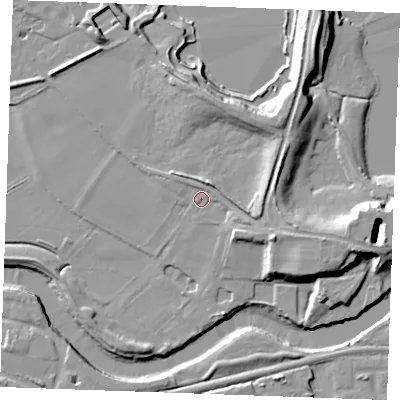 Shaded relief map of the ground around ME207BY, computed from Environment Agency LiDAR. The ground here sits at about 6 m above sea level and falls 18 m across the surrounding 800 m. Surface water reaching this point runs off ground lying to the north-east, 10.5 m higher.