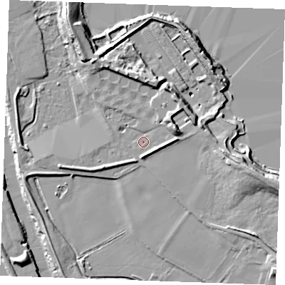 Shaded relief map of the ground around ME207DA, computed from Environment Agency LiDAR. The ground here sits at about 5 m above sea level and falls 15 m across the surrounding 800 m. Surface water reaching this point runs off ground lying to the east-north-east, 6.8 m higher.