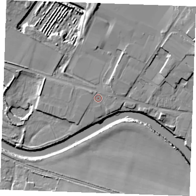 Shaded relief map of the ground around ME207DB, computed from Environment Agency LiDAR. The ground here sits at about 6 m above sea level and falls 12 m across the surrounding 800 m. Surface water reaching this point runs off ground lying to the north-west, 1.3 m higher.