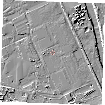 Shaded relief map of the ground around ME207DL, computed from Environment Agency LiDAR. The ground here sits at about 5 m above sea level and falls 15 m across the surrounding 800 m. Surface water reaching this point runs off ground lying to the south-south-east, 1.2 m higher.