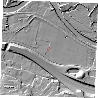 Shaded relief map of the ground around ME207DS, computed from Environment Agency LiDAR. The ground here sits at about 5 m above sea level and falls 22 m across the surrounding 800 m. Surface water reaching this point runs off ground lying to the south-west, 0.9 m higher.