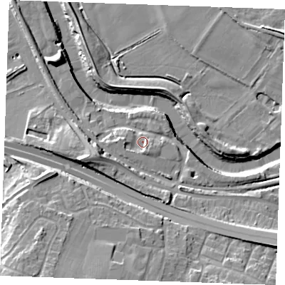 Shaded relief map of the ground around ME207ET, computed from Environment Agency LiDAR. The ground here sits at about 6 m above sea level and falls 16 m across the surrounding 800 m. Surface water reaching this point runs off ground lying to the west, 2.2 m higher.