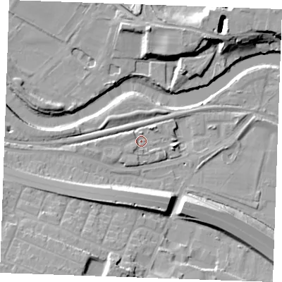 Shaded relief map of the ground around ME207FB, computed from Environment Agency LiDAR. The ground here sits at about 5 m above sea level and falls 17 m across the surrounding 800 m. Surface water reaching this point runs off ground lying to the south-west, 1.8 m higher.
