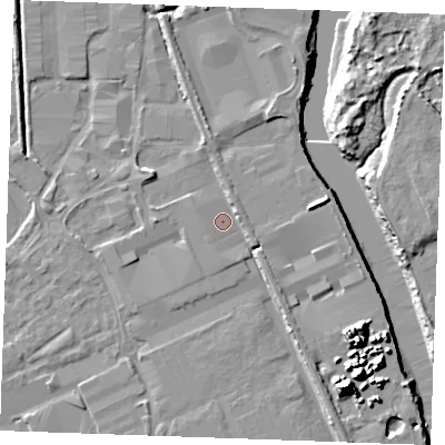 Shaded relief map of the ground around ME207FE, computed from Environment Agency LiDAR. The ground here sits at about 4 m above sea level and falls 16 m across the surrounding 800 m. Surface water reaching this point runs off ground lying to the east-north-east, 2.3 m higher.
