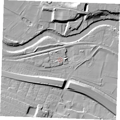 Shaded relief map of the ground around ME207FF, computed from Environment Agency LiDAR. The ground here sits at about 5 m above sea level and falls 17 m across the surrounding 800 m. Surface water reaching this point runs off ground lying to the south-east, 1.6 m higher.