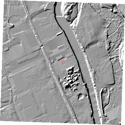 Shaded relief map of the ground around ME207FG, computed from Environment Agency LiDAR. The ground here sits at about 4 m above sea level and falls 16 m across the surrounding 800 m. Surface water reaching this point runs off ground lying to the south-west, 1.2 m higher.