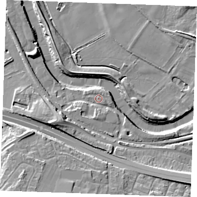 Shaded relief map of the ground around ME207FH, computed from Environment Agency LiDAR. The ground here sits at about 5 m above sea level and falls 16 m across the surrounding 800 m. Surface water reaching this point runs off ground lying to the south-east, 0.7 m higher.