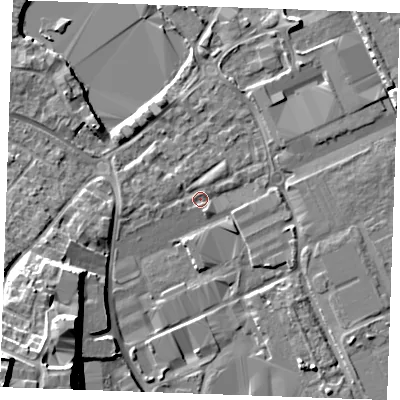 Shaded relief map of the ground around ME207GD, computed from Environment Agency LiDAR. The ground here sits at about 4 m above sea level and falls 24 m across the surrounding 800 m. Surface water reaching this point runs off ground lying to the west-south-west, 9.0 m higher.