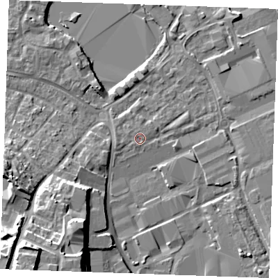 Shaded relief map of the ground around ME207GE, computed from Environment Agency LiDAR. The ground here sits at about 4 m above sea level and falls 24 m across the surrounding 800 m. Surface water reaching this point runs off ground lying to the north, 0.5 m higher.