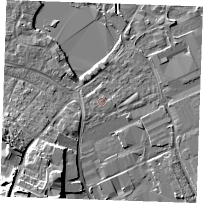 Shaded relief map of the ground around ME207GF, computed from Environment Agency LiDAR. The ground here sits at about 4 m above sea level and falls 24 m across the surrounding 800 m. Surface water reaching this point runs off ground lying to the south-south-east, 1.2 m higher.