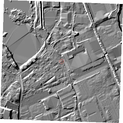 Shaded relief map of the ground around ME207GJ, computed from Environment Agency LiDAR. The ground here sits at about 4 m above sea level and falls 15 m across the surrounding 800 m. Surface water reaching this point runs off ground lying to the north-north-west, 1.3 m higher.