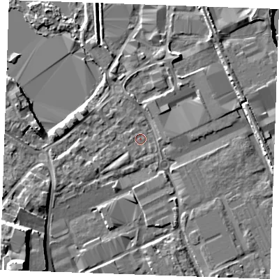 Shaded relief map of the ground around ME207GN, computed from Environment Agency LiDAR. The ground here sits at about 4 m above sea level and falls 17 m across the surrounding 800 m. Surface water reaching this point runs off ground lying to the east, 1.4 m higher.