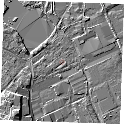 Shaded relief map of the ground around ME207GP, computed from Environment Agency LiDAR. The ground here sits at about 4 m above sea level and falls 17 m across the surrounding 800 m. Surface water reaching this point runs off ground lying to the east-south-east, 1.0 m higher.