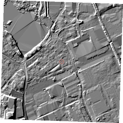 Shaded relief map of the ground around ME207GQ, computed from Environment Agency LiDAR. The ground here sits at about 4 m above sea level and falls 15 m across the surrounding 800 m. Surface water reaching this point runs off ground lying to the south-south-west, 0.8 m higher.