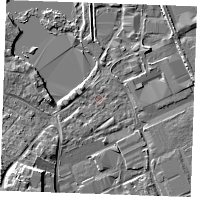 Shaded relief map of the ground around ME207GR, computed from Environment Agency LiDAR. The ground here sits at about 4 m above sea level and falls 13 m across the surrounding 800 m. Surface water reaching this point runs off ground lying to the south-south-west, 1.4 m higher.