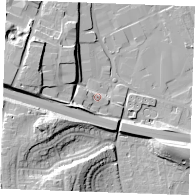 Shaded relief map of the ground around ME207HP, computed from Environment Agency LiDAR. The ground here sits at about 10 m above sea level and falls 26 m across the surrounding 800 m. Surface water reaching this point runs off ground lying to the west, 3.3 m higher.