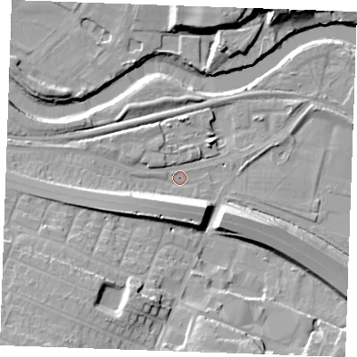 Shaded relief map of the ground around ME207JG, computed from Environment Agency LiDAR. The ground here sits at about 4 m above sea level and falls 17 m across the surrounding 800 m. Surface water reaching this point runs off ground lying to the south-south-east, 14.0 m higher.