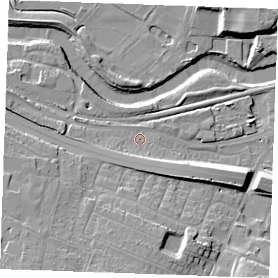Shaded relief map of the ground around ME207JH, computed from Environment Agency LiDAR. The ground here sits at about 6 m above sea level and falls 20 m across the surrounding 800 m. Surface water reaching this point runs off ground lying to the south-south-west, 4.4 m higher.