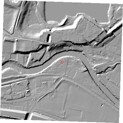 Shaded relief map of the ground around ME207JJ, computed from Environment Agency LiDAR. The ground here sits at about 5 m above sea level and falls 17 m across the surrounding 800 m. Surface water reaching this point runs off ground lying to the south-west, 1.0 m higher.