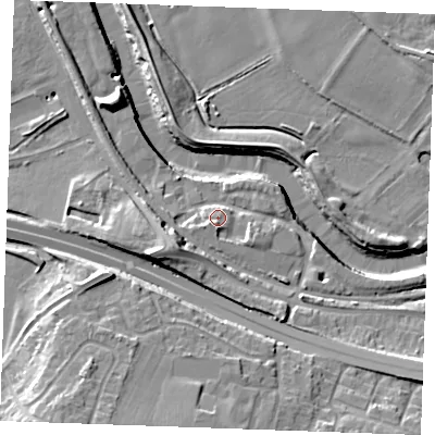 Shaded relief map of the ground around ME207JN, computed from Environment Agency LiDAR. The ground here sits at about 6 m above sea level and falls 16 m across the surrounding 800 m. Surface water reaching this point runs off ground lying to the south, 3.6 m higher.