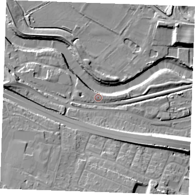 Shaded relief map of the ground around ME207JQ, computed from Environment Agency LiDAR. The ground here sits at about 6 m above sea level and falls 18 m across the surrounding 800 m. Surface water reaching this point runs off ground lying to the north-east, 14.9 m higher.