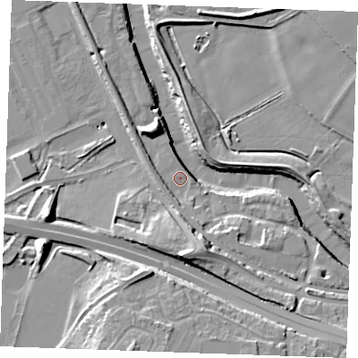 Shaded relief map of the ground around ME207JZ, computed from Environment Agency LiDAR. The ground here sits at about 5 m above sea level and falls 15 m across the surrounding 800 m. Surface water reaching this point runs off ground lying to the south, 4.6 m higher.