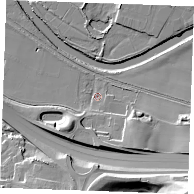 Shaded relief map of the ground around ME207NS, computed from Environment Agency LiDAR. The ground here sits at about 6 m above sea level and falls 39 m across the surrounding 800 m. Surface water reaching this point runs off ground lying to the south-west, 13.0 m higher.