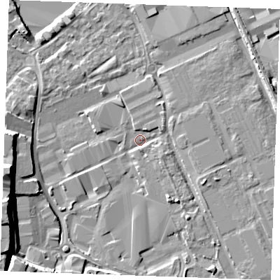 Shaded relief map of the ground around ME207PJ, computed from Environment Agency LiDAR. The ground here sits at about 3 m above sea level and falls 18 m across the surrounding 800 m. Surface water reaching this point runs off ground lying to the south-west, 8.6 m higher.
